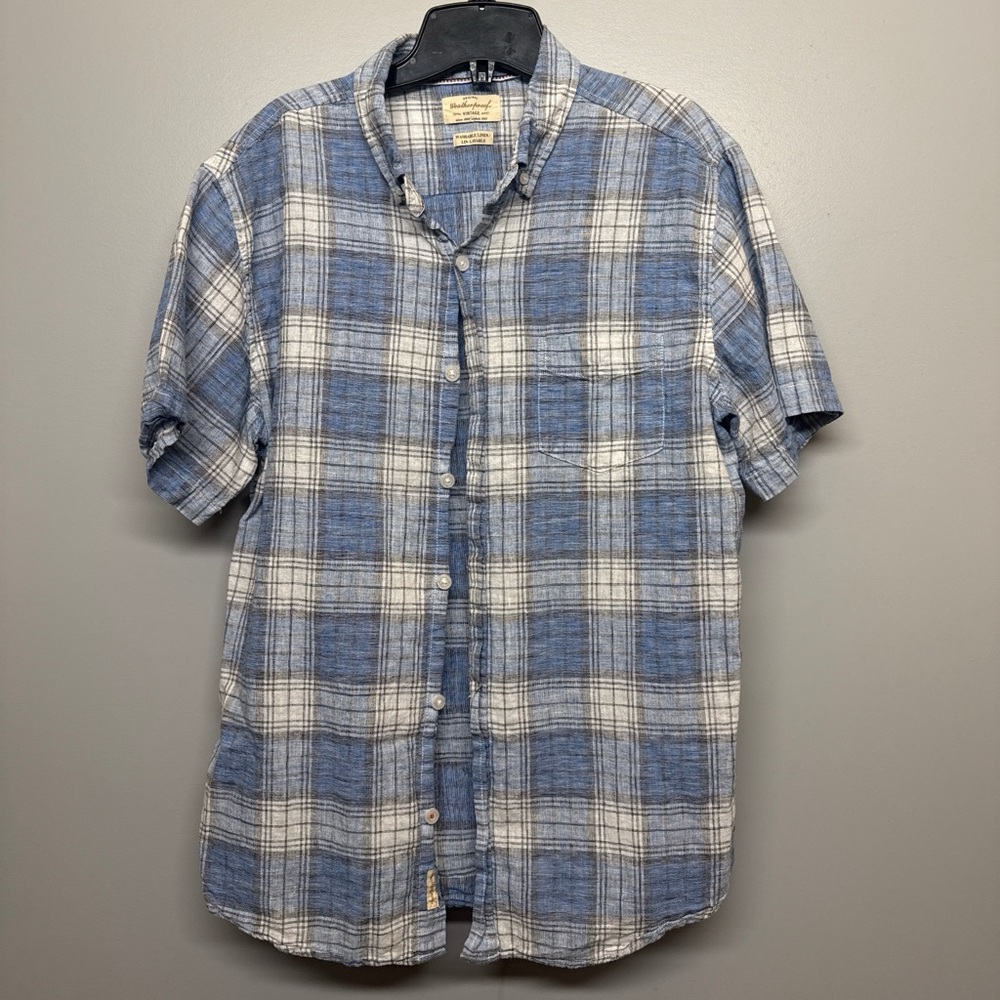 Linen Weatherproof Vintage Blue and White Plaid Men's Shirt